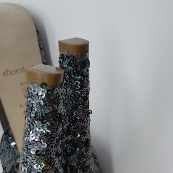 SHOESTOCK women US 10 EU 41 silver pewter heels peep toe sequin open Dorsay side - Picture 8 of 11